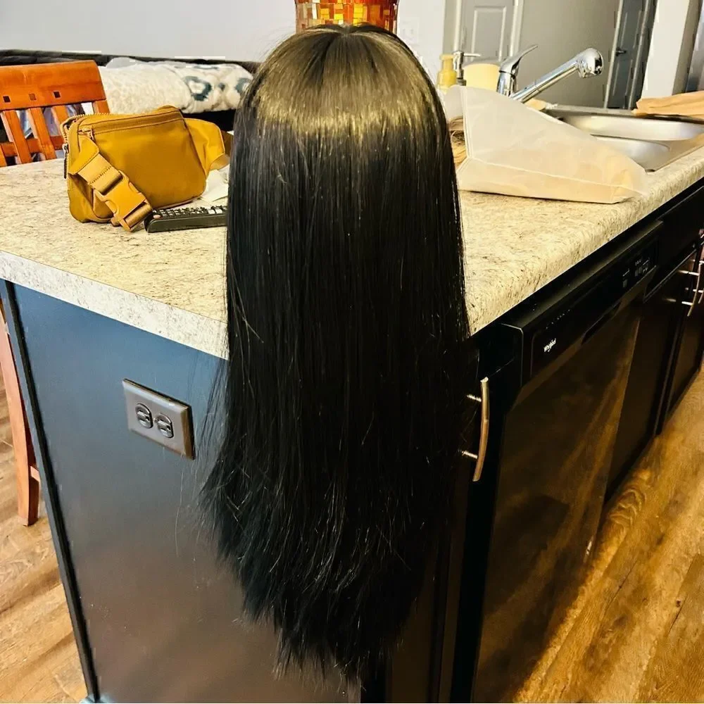 Long black synthetic wig with bangs